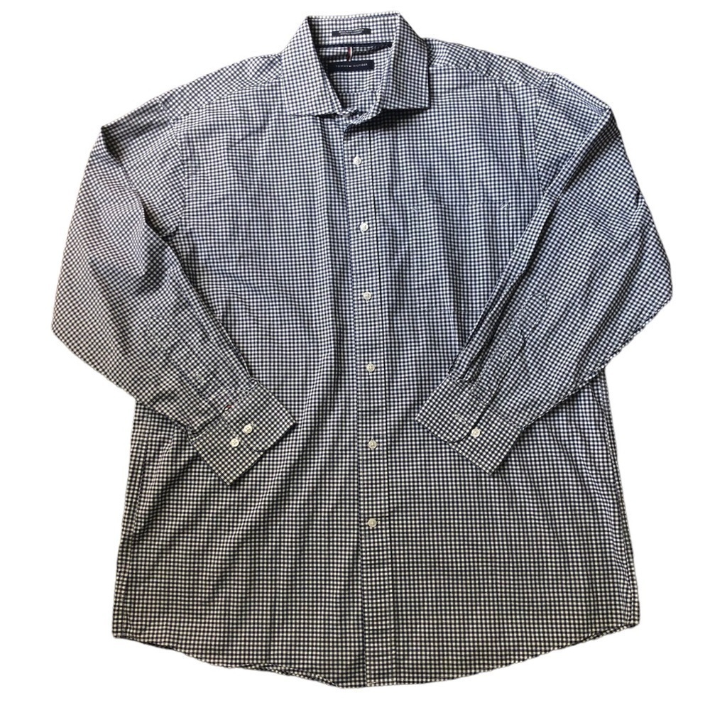 Tommy Hilfiger Navy Check Reg Fit Stretch Casual Dress Shirt L Wrinkle Resist